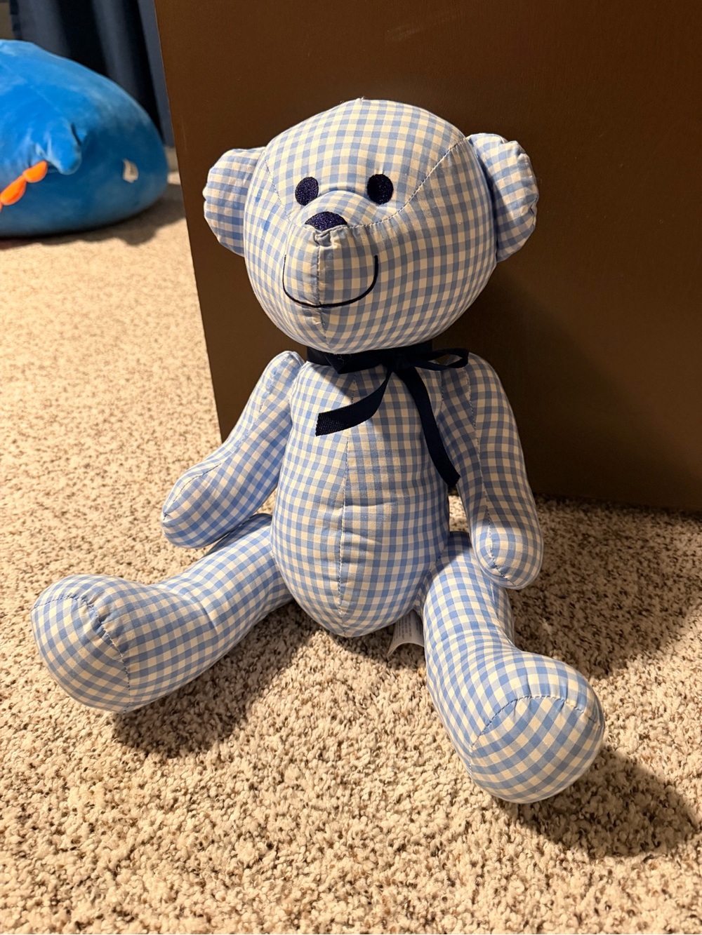 Classic Prep Light Blue Gingham Teddy Bear with Navy Ribbon
